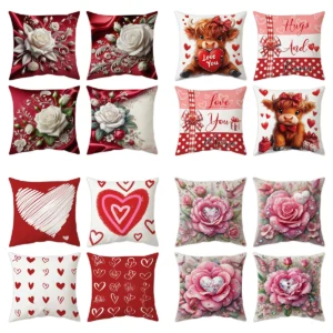 4-Piece Valentine’s Day Pillow Cover Set – Pink Rose Crystal Print Decorative Cushion Covers (Soft Plush)